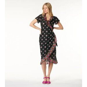 Soleiado Paris NWT Womens Black Paoline Pompadour Wrap S/S Dress EU 44 L US14